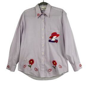 Hot Dames Red Hat Society Button Up Shirt Size M Gingham Purple Red Appliqué